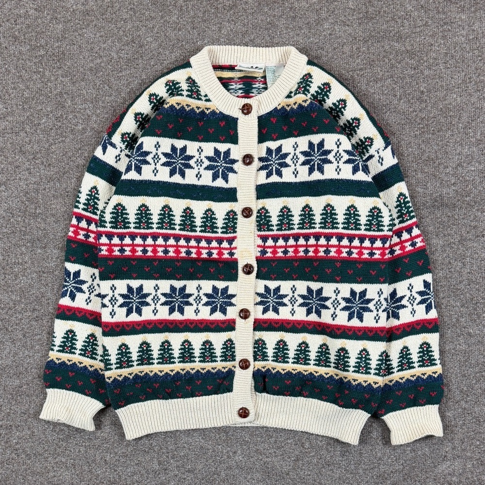 Vintage 90s Fair Isle Snowflake Christmas Holiday Knit Cardigan Sweater Womens M